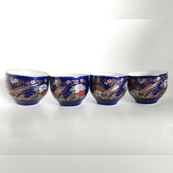 Vintage Kutani Japanese Porcelain Teapot & 4 Cups-Cobalt Blue Flowers Gold Rim - Picture 6 of 9